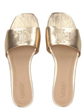 Lauren Ralph Lauren Gold Embossed Logo Slide Sandals, Leather, Sz 9.5